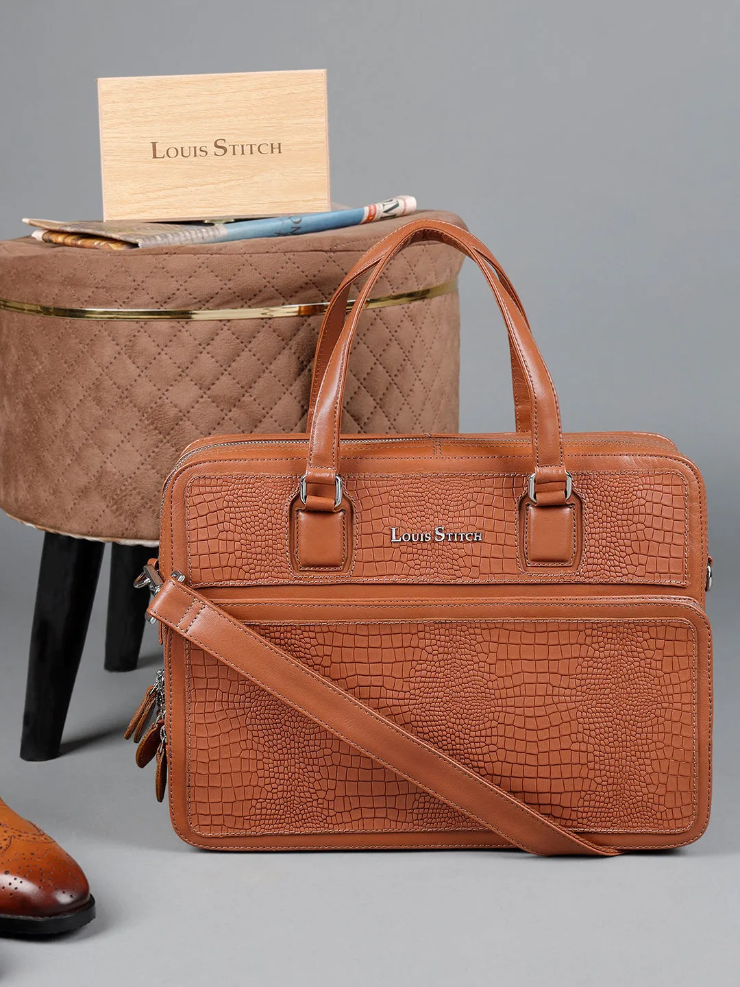Men's Tan Italian Leather Laptop Bag with Shoulder Strap